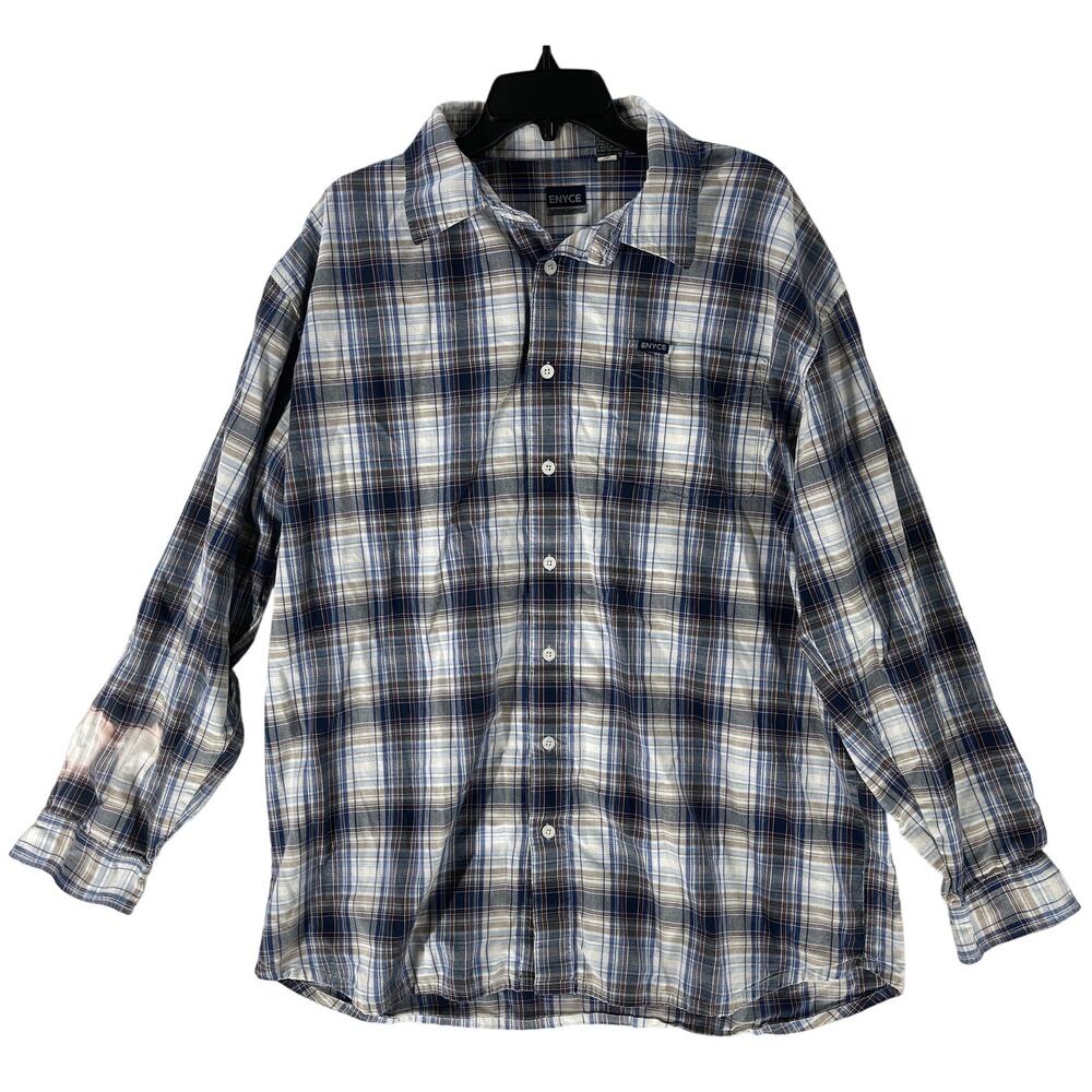 ENYCE Button Up Shirt 3XL Blue Plaid Long Sleeve 100% Cotton Y2K DISCOLORATION